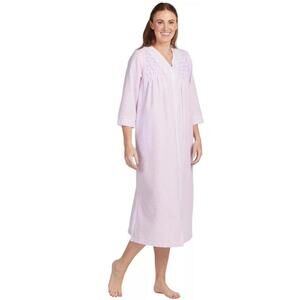 Miss Elaine Seersucker Womens Nightgown Pockets Zipper Lilac / White Check M